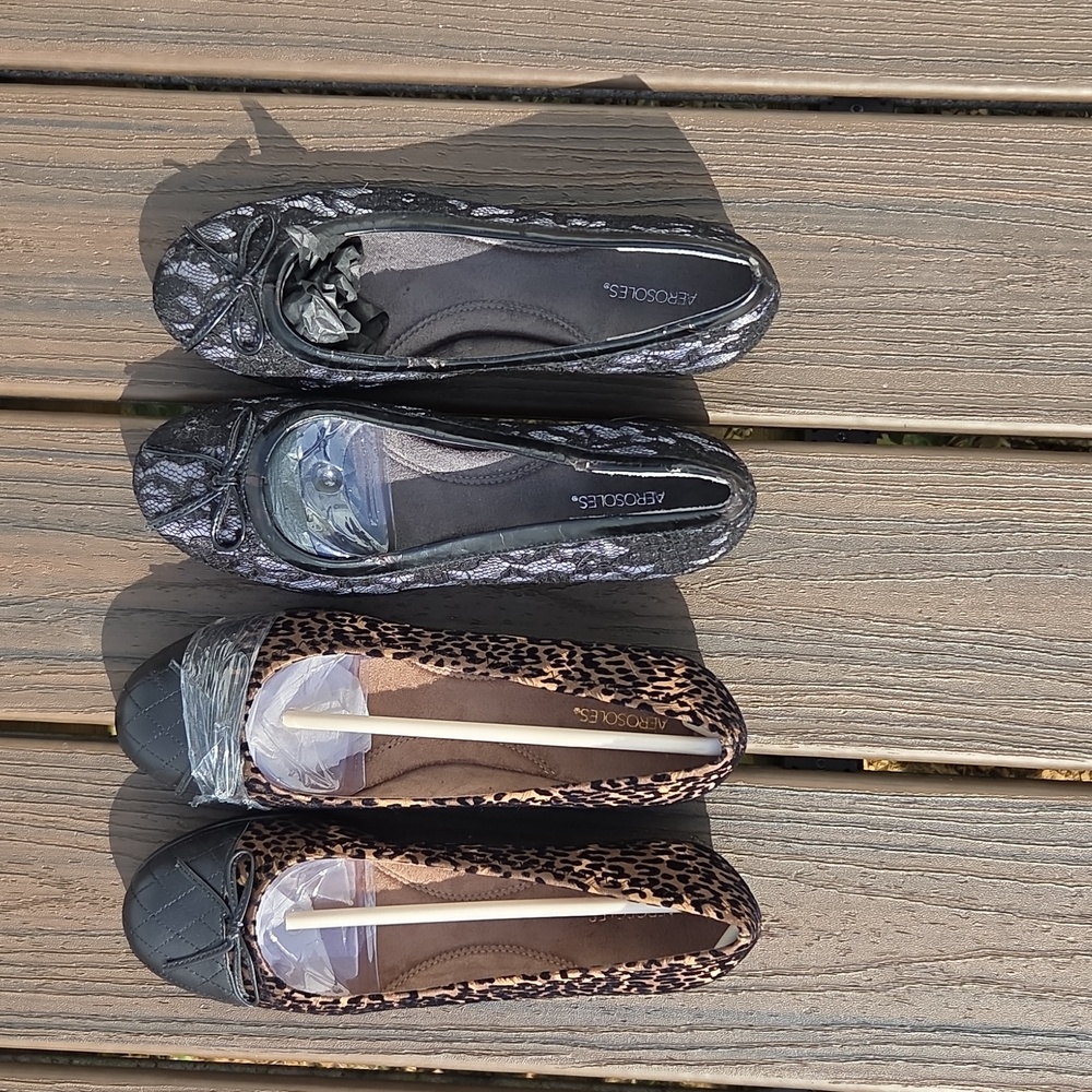 Two Brand New 1 Suede Leopard and 1 Black Lace Women's Flats 8.5 M Each